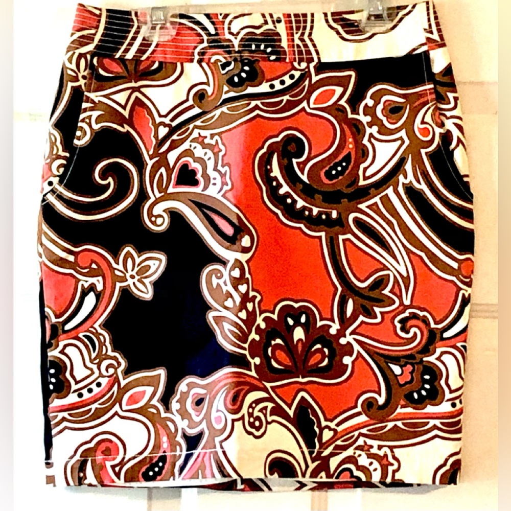 Merona Orange Black Brown Cream Bold Mod Paisley Print Cotton Blend Skirt Size 2